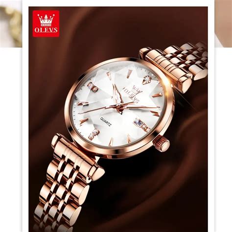 Olevs Luxury Silver Diamond Dial Rose Gold Ladies Watch 5536