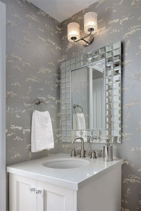 Powder Room With Elegant Wallpaper And Mirror Framed Mirror Bathroom