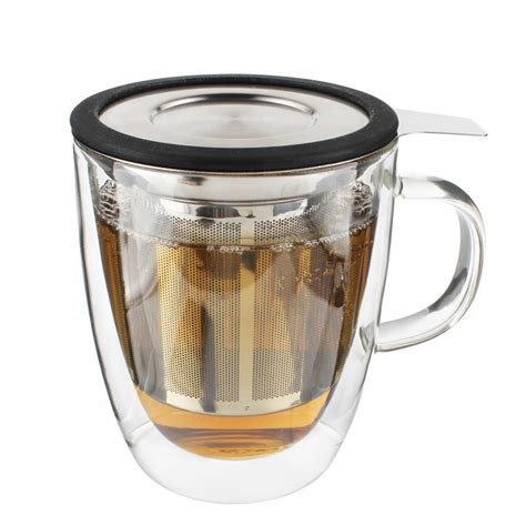 Double Wall Borosilicate Glass Mug With Stainless Steel Infuser And Lid