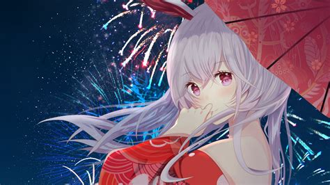 Download Wallpaper 1920x1080 Girl Kimono Umbrella Fireworks Anime