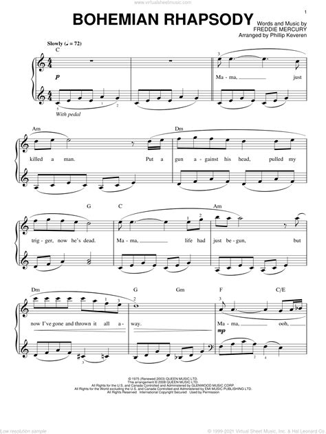 Mercury Bohemian Rhapsody Sheet Music For Piano Solo