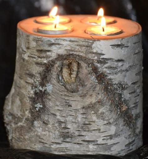 Birch Log Tea Light Candle Holder Large With 4 Tea Lights