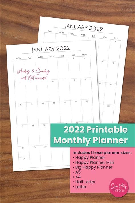 Monthly Calendar 2022 2022 Planner Printable Simple Monthly Etsy