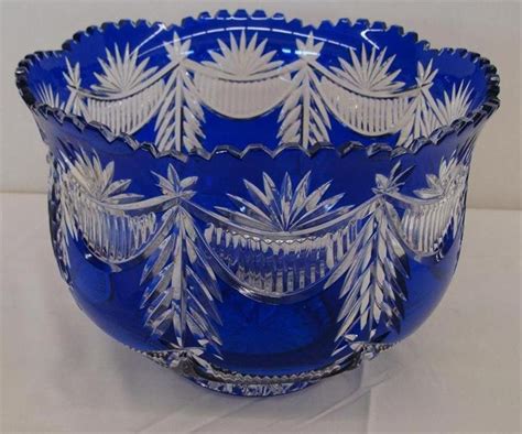 Vintage Engraved Hand Cut To Clear Glass Bowl With Cobalt Colored