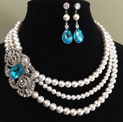 Pearl Necklace With Brooch In Aqua Blue Rhinestone Strands Etsy