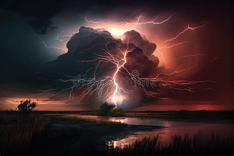 Dramatic Thunderstorm With Lightning Strike Illuminating The Sky Stock