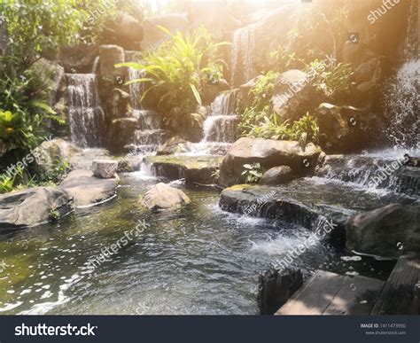 Multilayered Waterfall Garden Has Trees Waterfalls Stock Photo