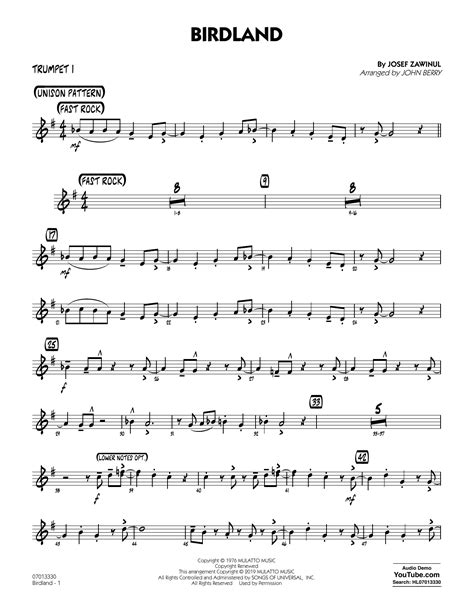 The idea is to show you the way to a unique digital library of trumpet sheet music, containing a wealth of music for the classical trumpeter. Birdland (arr. John Berry) - Trumpet 1 Sheet Music | Josef Zawinul | Jazz Ensemble