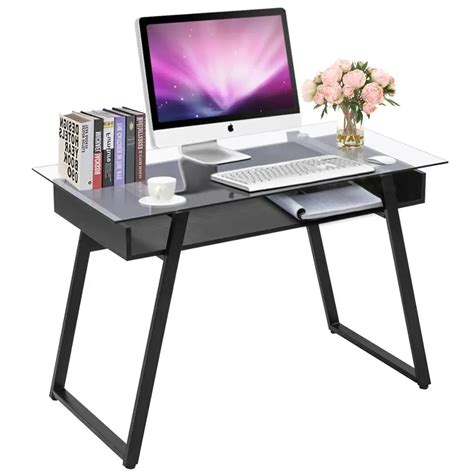 Giantex Modern Glass Top Computer Desk Pc Laptop Table Writing Study