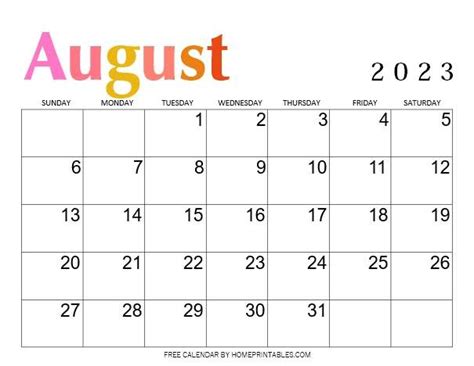 August 2023 Calendar Templates Free Download