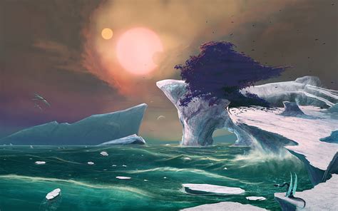 Dragons World Glacier Fantasy World Iceberg Waves Lonely Tree