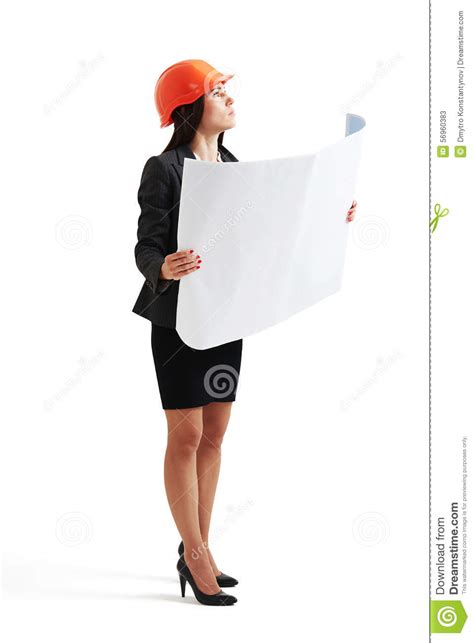 Woman In Hardhat Holding Blueprint Stock Image Image Of Blue Draft