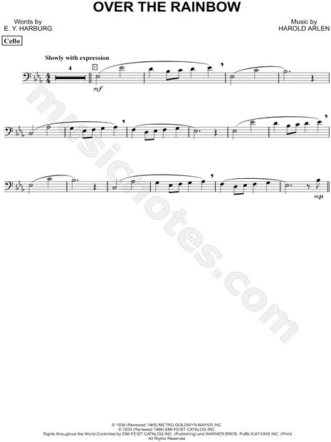 Over The Rainbow Cello From The Wizard Of Oz Sheet Music Cello Solo In Eb Major