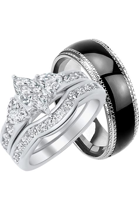 セール大人気 Couple Ring Bridal Set His Hers White Gold Plated Cz Stainless Steel W 20190425221529