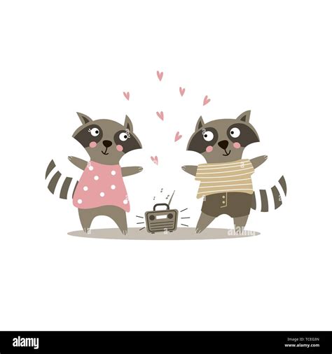 Cute Raccoons Dancing To The Music Valentines Card Vector