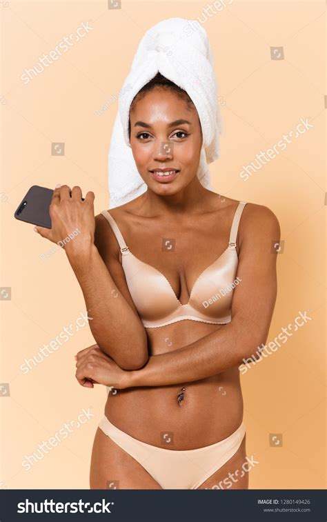 Portrait Naked Woman Wrapped Towel Wearing Stock Photo