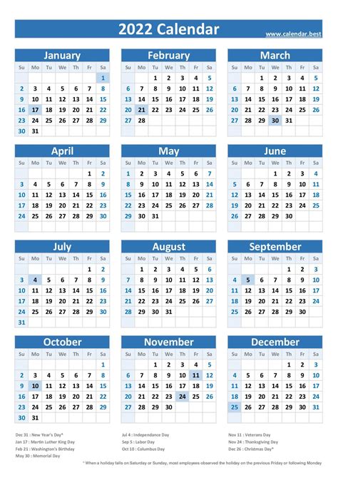 2022 Federal Holidays List And 2022 Calendar With Holidays To Print