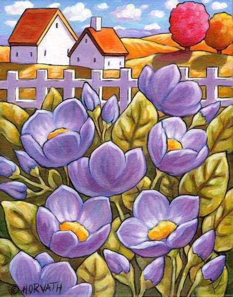Purple Blooms Original Painting Flower Garden Folk Art Landscape 11x14