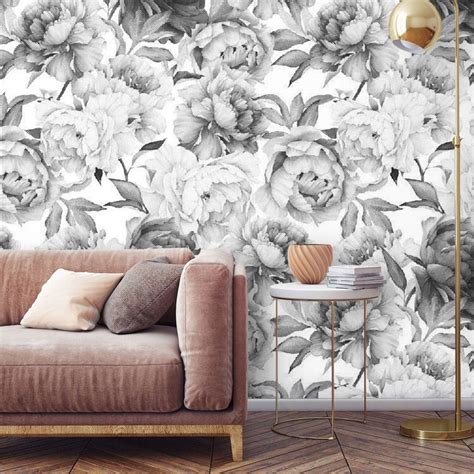 Peony Peel And Stick Floral Gray Wallpaper Peonies Wall Etsy