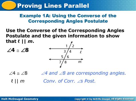 Example 1a Using The Converse Of The Corresponding Angles Postulate