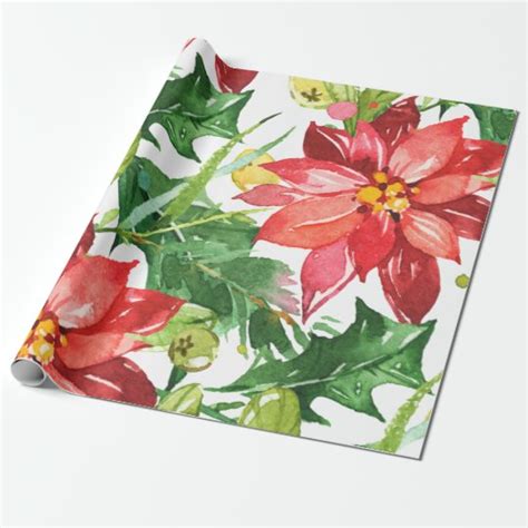 Pretty Watercolor Christmas Poinsettia Floral Wrapping Paper