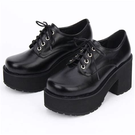Black Lace Up Oxfords Chunky Sole Heels Platforms Women Shoes