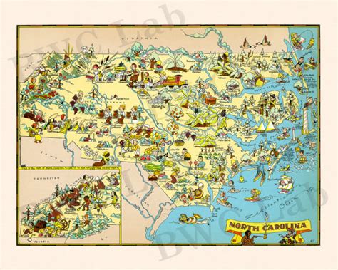 Pictorial Map Of North Carolina Colorful Fun Illustration Of Vintage