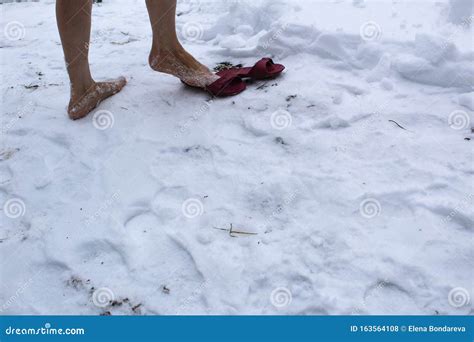 Bare Feet In The Snow In Winter Stock Photo Image Of Robe Stands