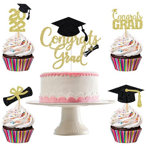 Buy Congrats Grad Cake Topper Gold And Black Glitter And 24pcs