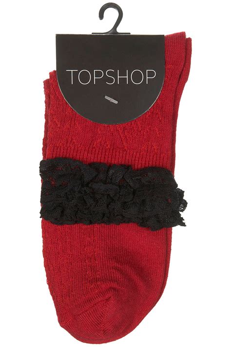 Topshop Lace Trim Ankle Socks In Red Lyst