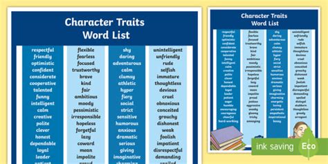 Character Traits For Kids Adjectives Poster