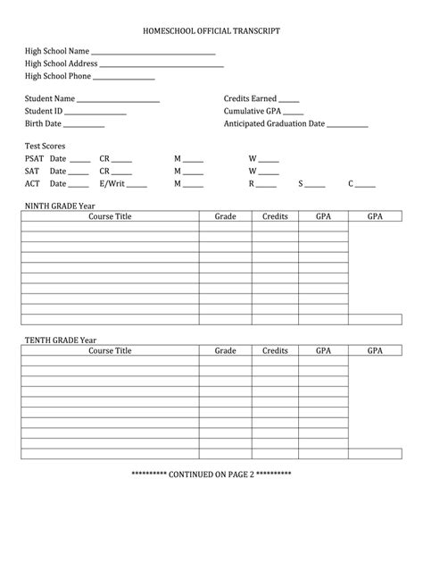 High School Transcript Template Fill Online Printable Fillable