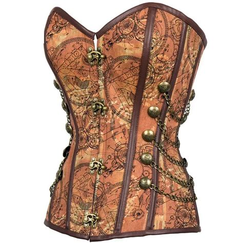Brown Vintage Print Denim Sexy Corsets And Bustiers Steel Boned Steampunk Corset Plus Size