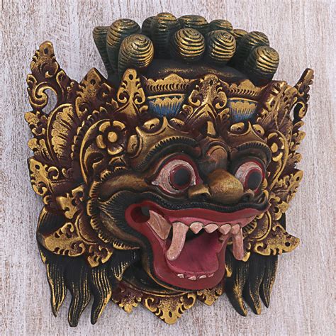 Hand Made Gold Colored Wood Mask From Indonesia Bali Barong Novica