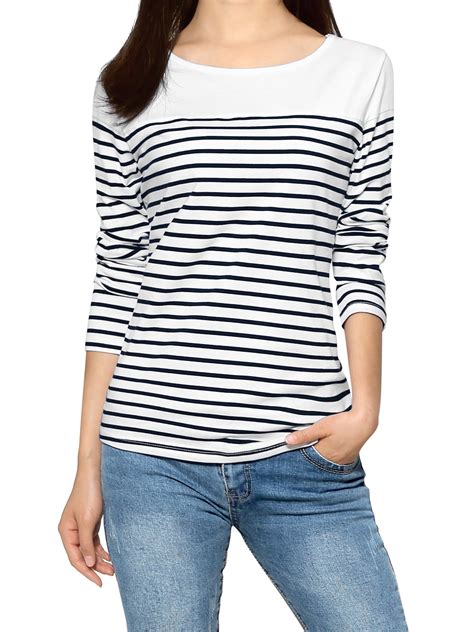 Unique Bargains Women Horizontal Striped Round Neck Long Sleeves Tee Shirts Blouse Tops Dark