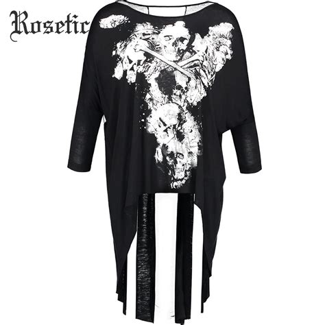 Rosetic Gothic Casual Black T Shirts Asymmetric Print Women Loose