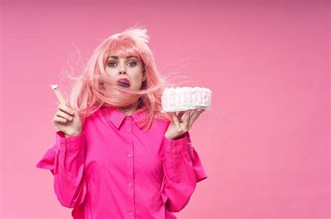 Woman With Pink Hair Brownie Holding Sweets Candy Stock Image Image