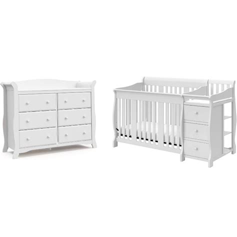 6 Drawer Double Dresser And Baby Crib With Changing Table Set In Pure