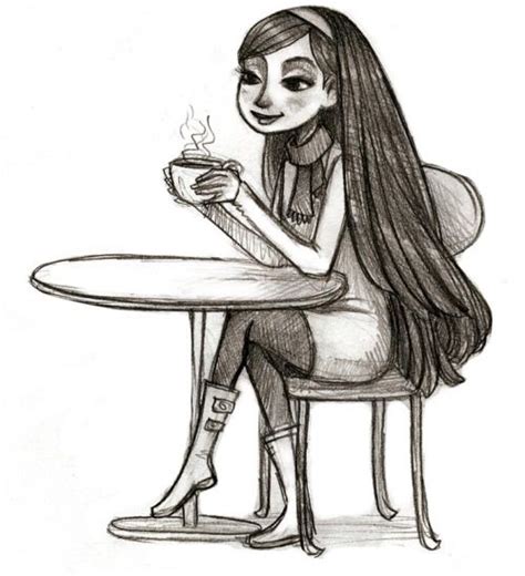A Drawing Of A Dark Haired Girl Drinking Coffee Courtney