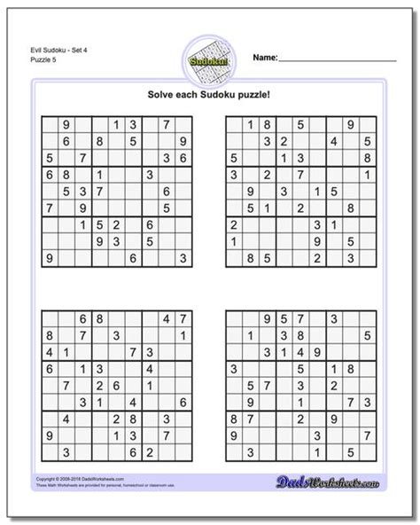 Printable sudoku 4 to 6 puzzles per page, in pdf or html, according to 5 levels: Sudoku - Evil