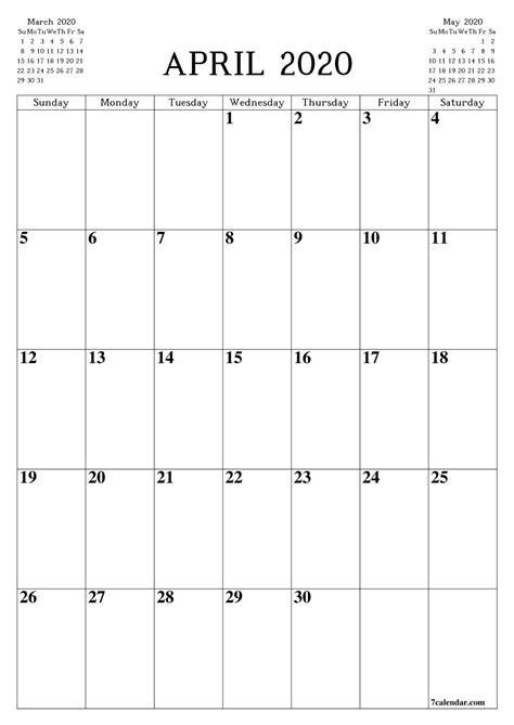 Printable Blank Calendar April 2020 Пустой календарь Календарь