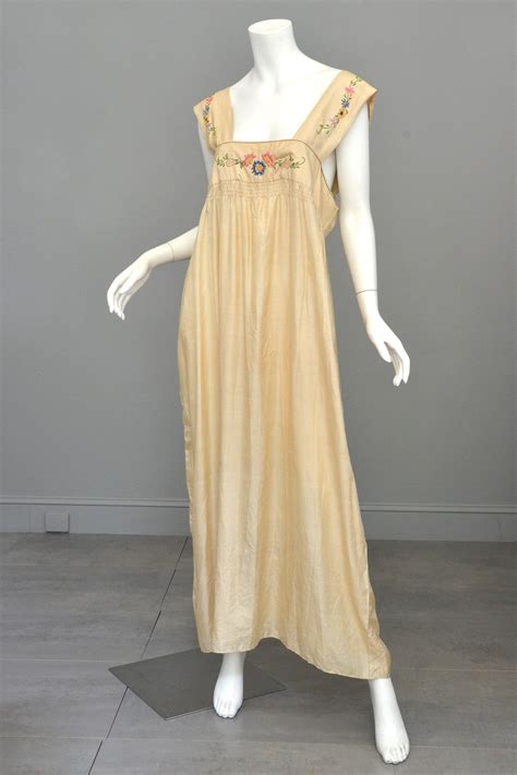 1920s Embroidered Silk Babydoll Maxi Dress Nightgown Vintagevirtuosa
