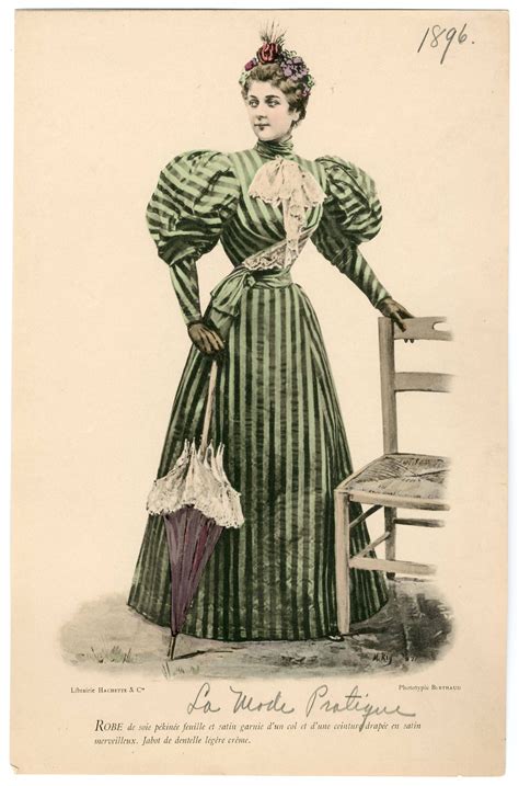 An Old Fashion Illustration Of A Woman In Green And White Striped Dress