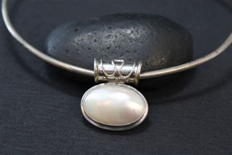 Sterling Silver Mother Of Pearl Oval Slide Pendant On Sterling Collar