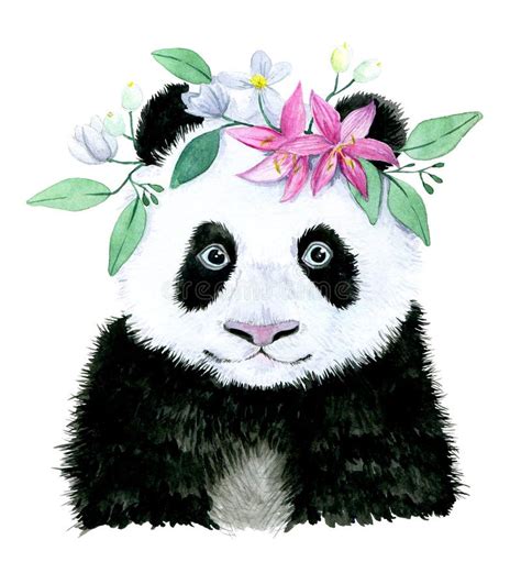 Watercolor Drawing Cute Little Panda With A Wreath Of Flowers And