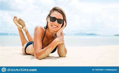 Beautiful Woman Lying Down On The Beach Sand Stock Image Image Of Holiday Lying 170079097