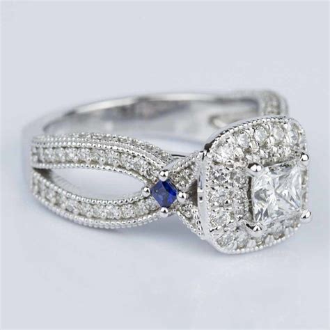A collection of engagement rings setting that will fit a princess cut diamond in the center. Custom Diamond and Sapphire Princess Halo Engagement Ring ...