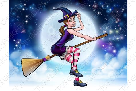 Witch Flying On Broom And Night Sky Custom Designed Illustrations