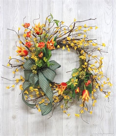 Forsythia Wreath With Spring Tulips Spring Wreath Easter Etsy