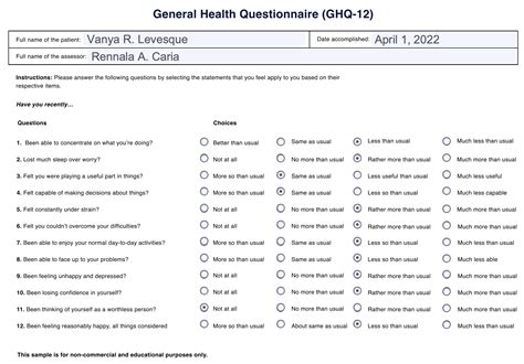General Health Questionnaire Ghq 12 And Example
